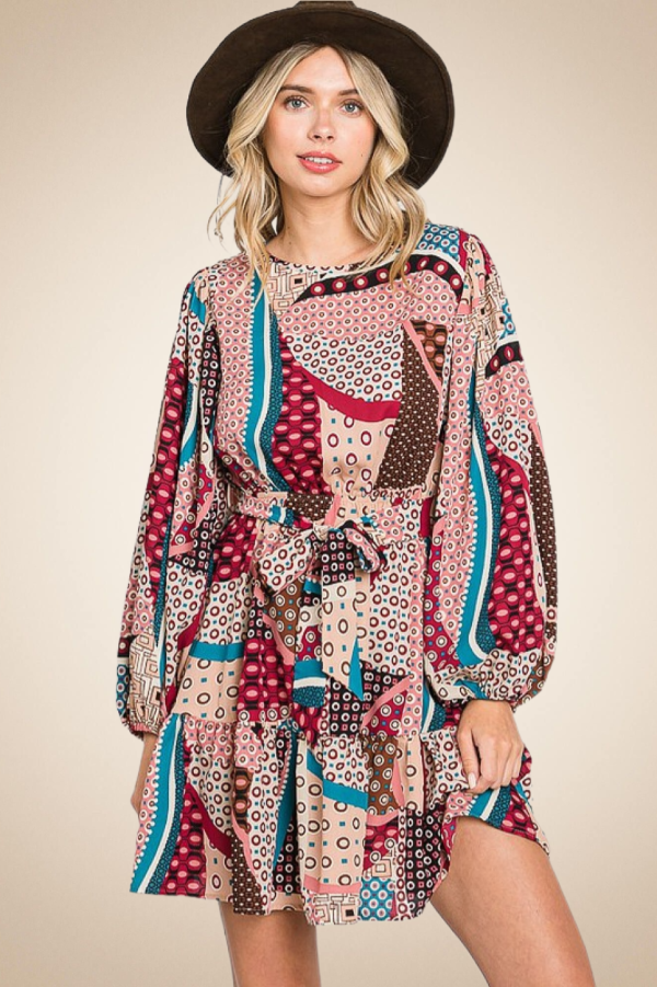 Abstract Long Sleeve Mini Dress