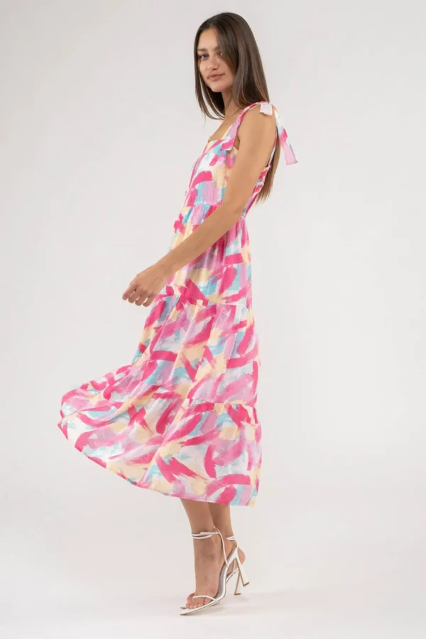 BRUSH STROKE PRINT TIERED MIDI DRESS - Image 4
