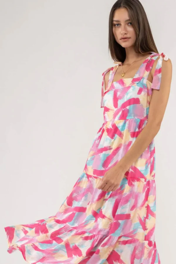 BRUSH STROKE PRINT TIERED MIDI DRESS - Image 5