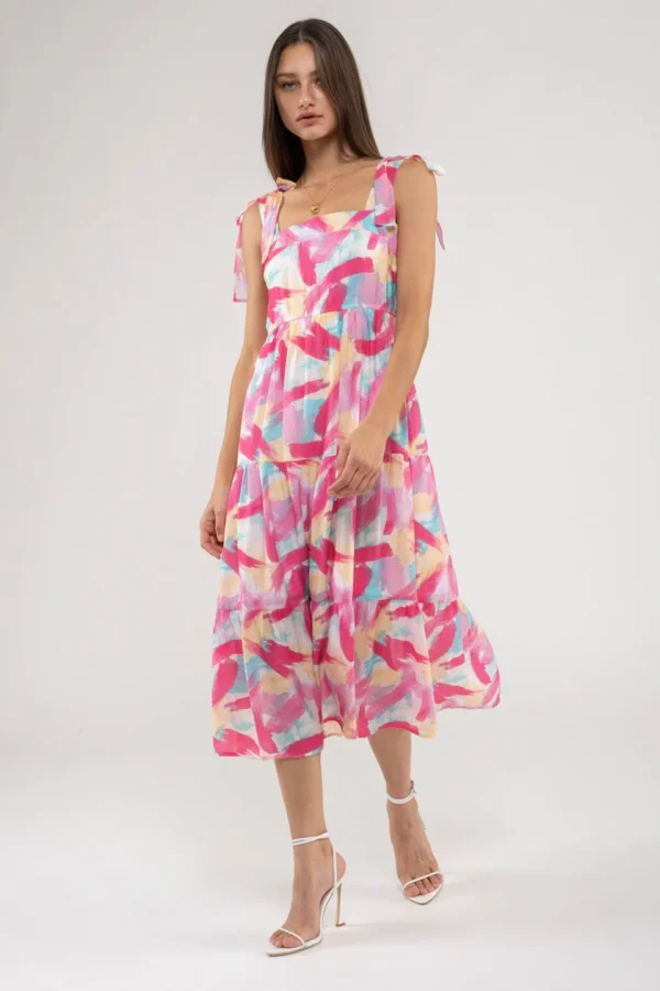 BRUSH STROKE PRINT TIERED MIDI DRESS - Image 6