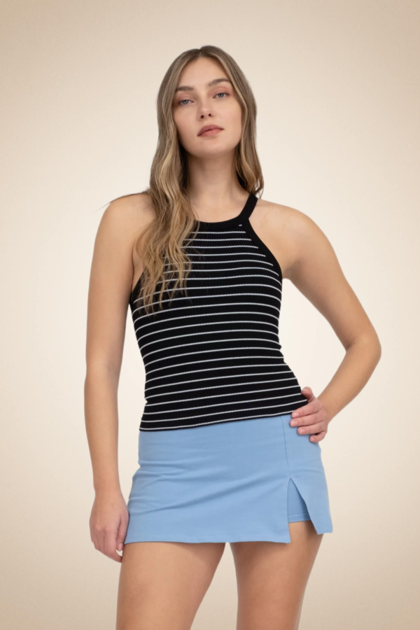 STRIPED ROUND NECK KNIT TANK BLACK