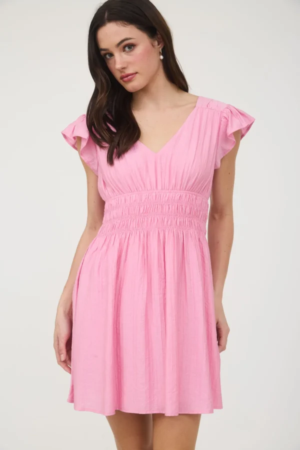 V NECK SHIRRED WAIST RUFFLE SLEEVE MINI DRESS - Image 10