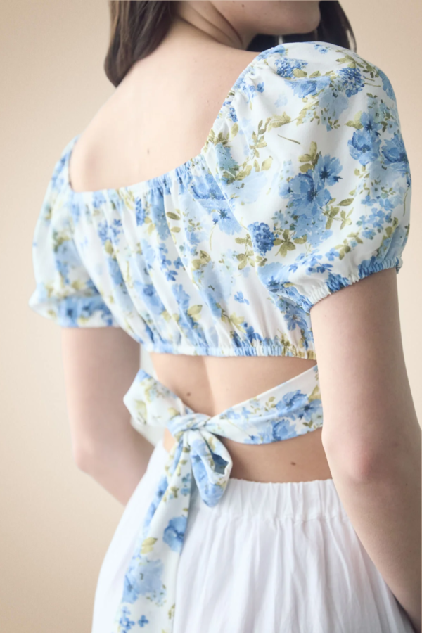 Blue Floral Puff Sleeve Corset Top - Image 2