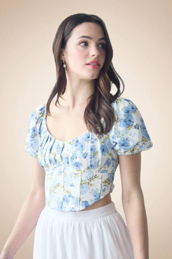 Blue Floral Puff Sleeve Corset Top - Image 3