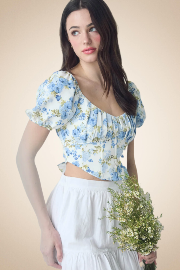 Blue Floral Puff Sleeve Corset Top - Image 4