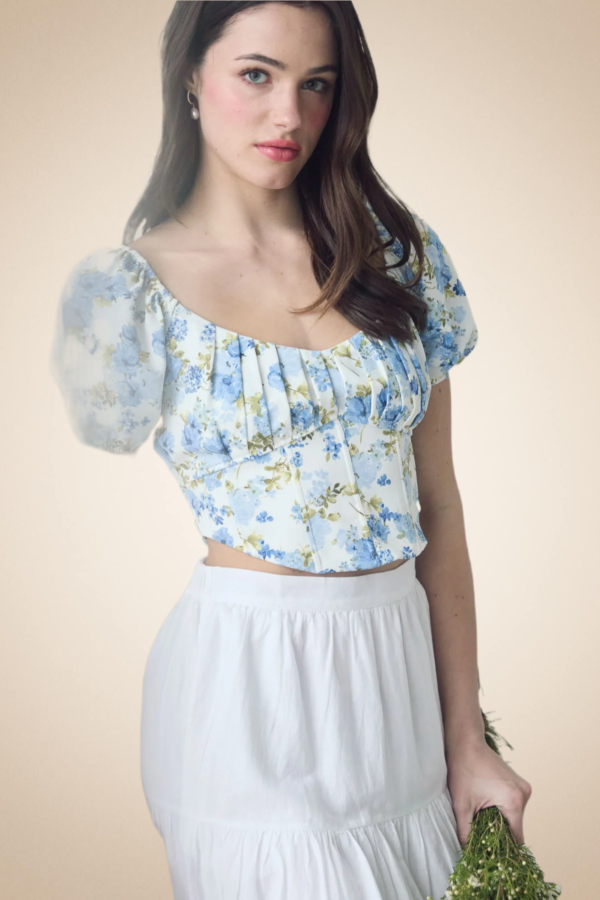 Blue Floral Puff Sleeve Corset Top - Image 5