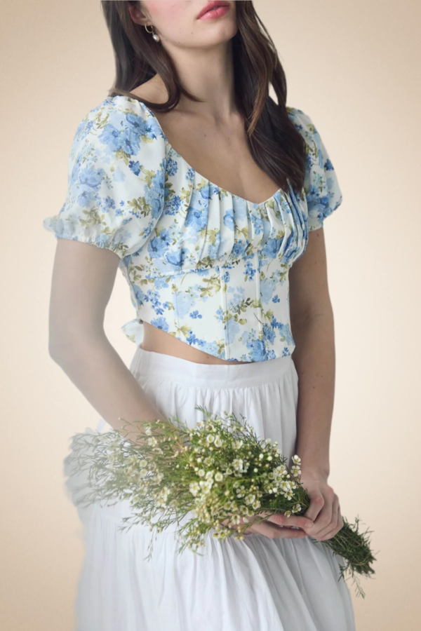 Blue Floral Puff Sleeve Corset Top