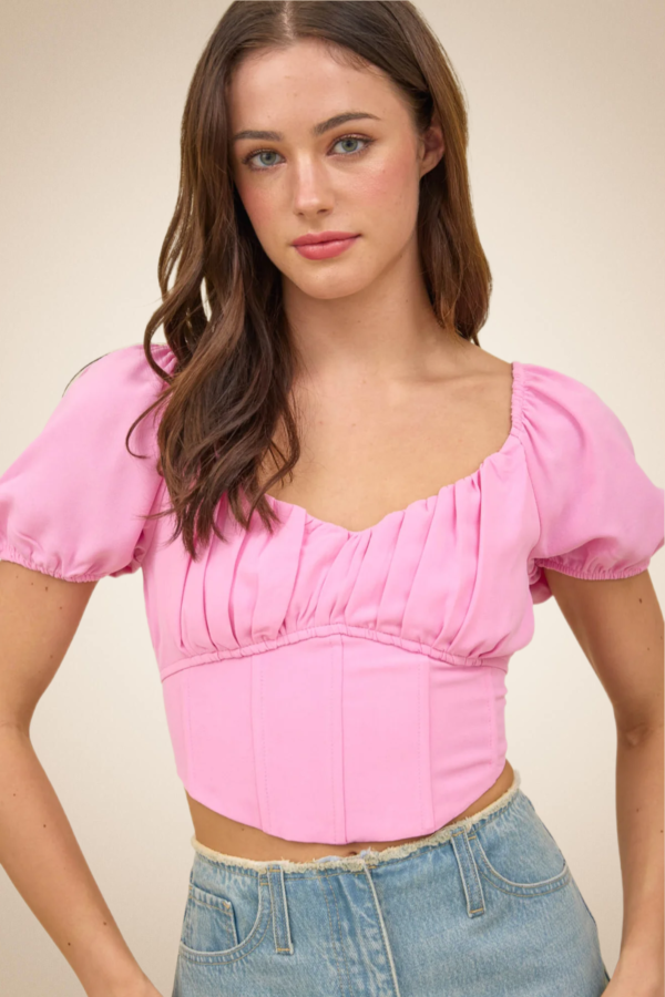 Ruched Corset Crop Top – Pink Puff Sleeve