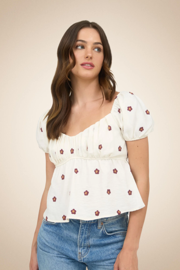 White Floral Blouse with Sweetheart Neckline and Peplum Ruffle - Image 2