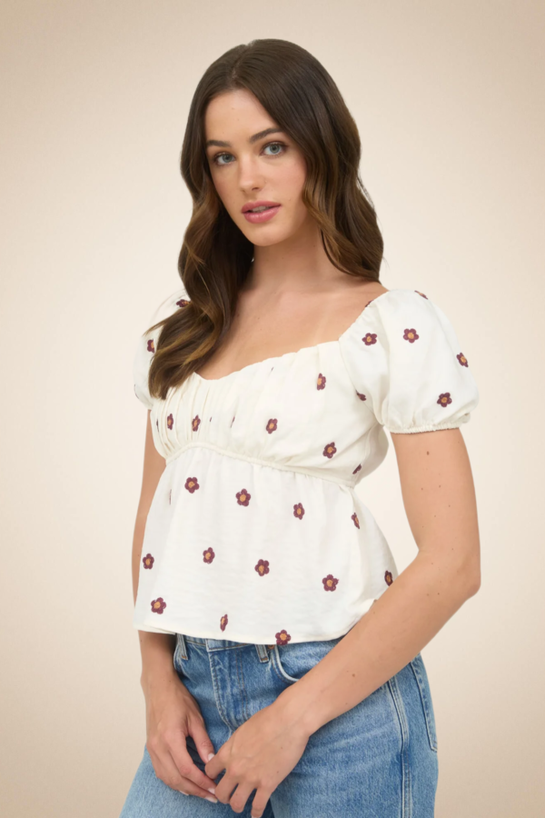 White Floral Blouse with Sweetheart Neckline and Peplum Ruffle - Image 3