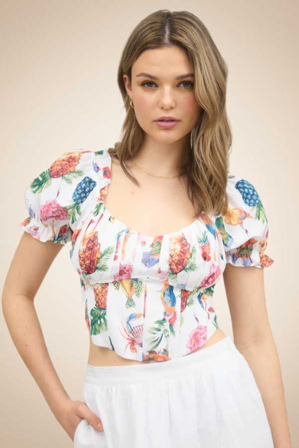 Tropical Puff Sleeve Corset Crop Top