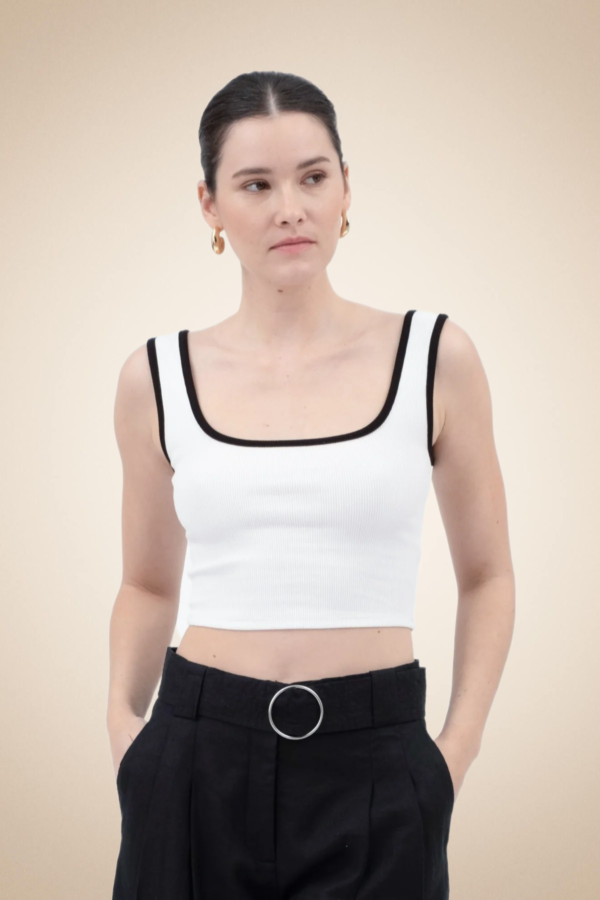 White Ribbed Crop Top with Black Details