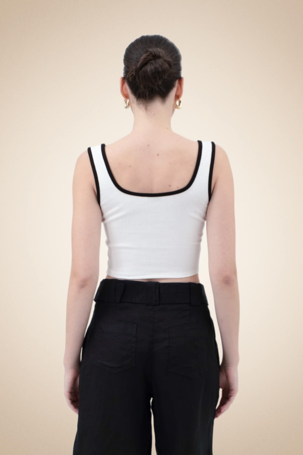 White Ribbed Crop Top with Black Details - Image 3