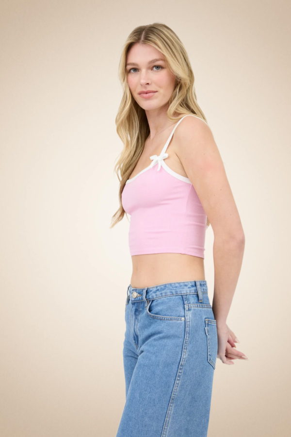 “Sweet Bows” Pink Crop Top with White Trim - Image 3