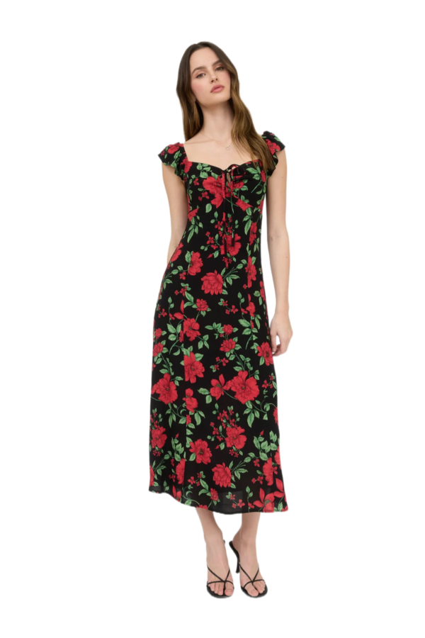 Romantic Red Floral Midi Dress with Ruffle Straps - Image 2