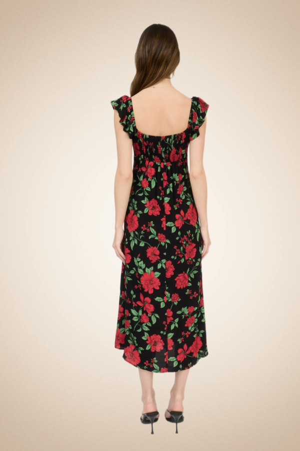 Romantic Red Floral Midi Dress with Ruffle Straps - Image 3