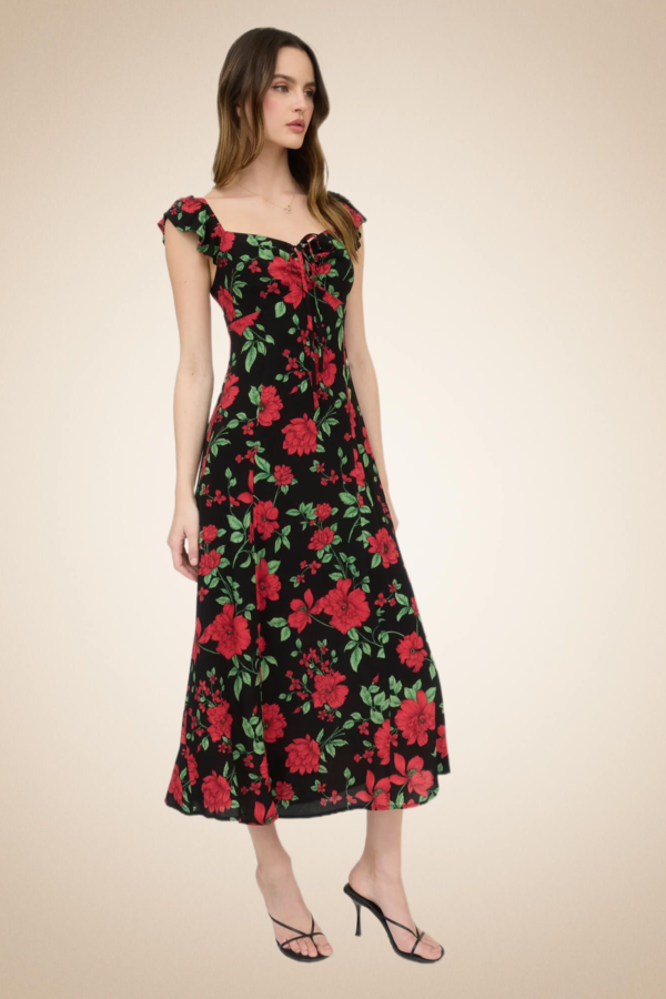 Romantic Red Floral Midi Dress with Ruffle Straps - Image 4