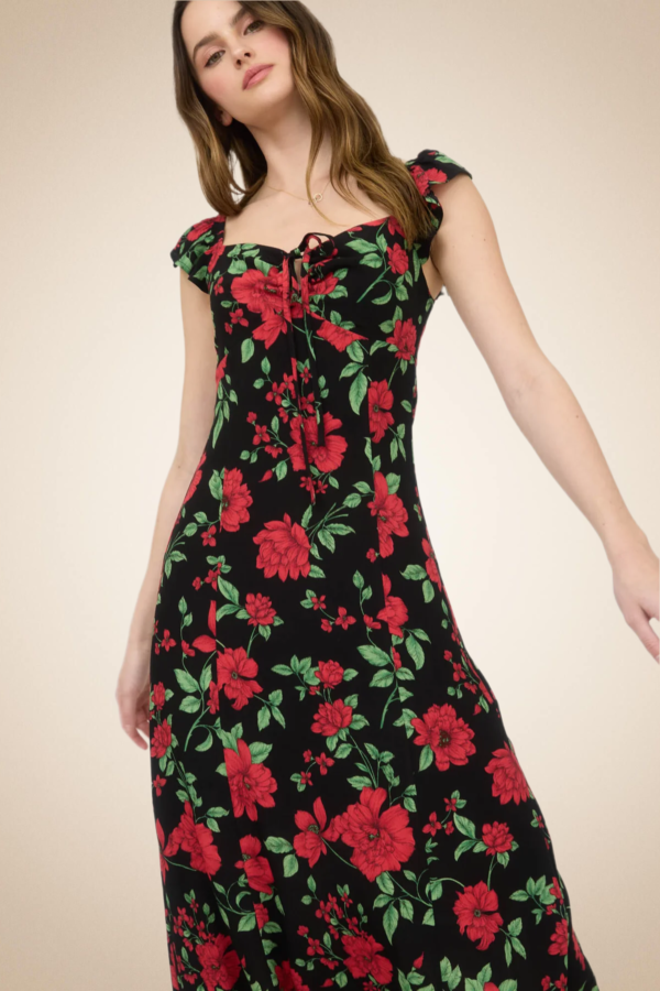 Romantic Red Floral Midi Dress with Ruffle Straps - Image 5
