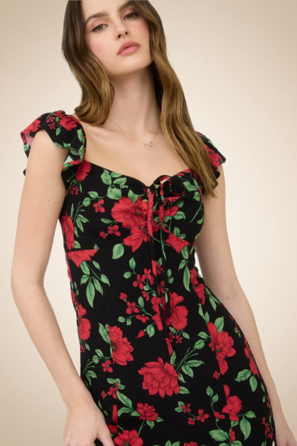 Romantic Red Floral Midi Dress with Ruffle Straps - Image 6