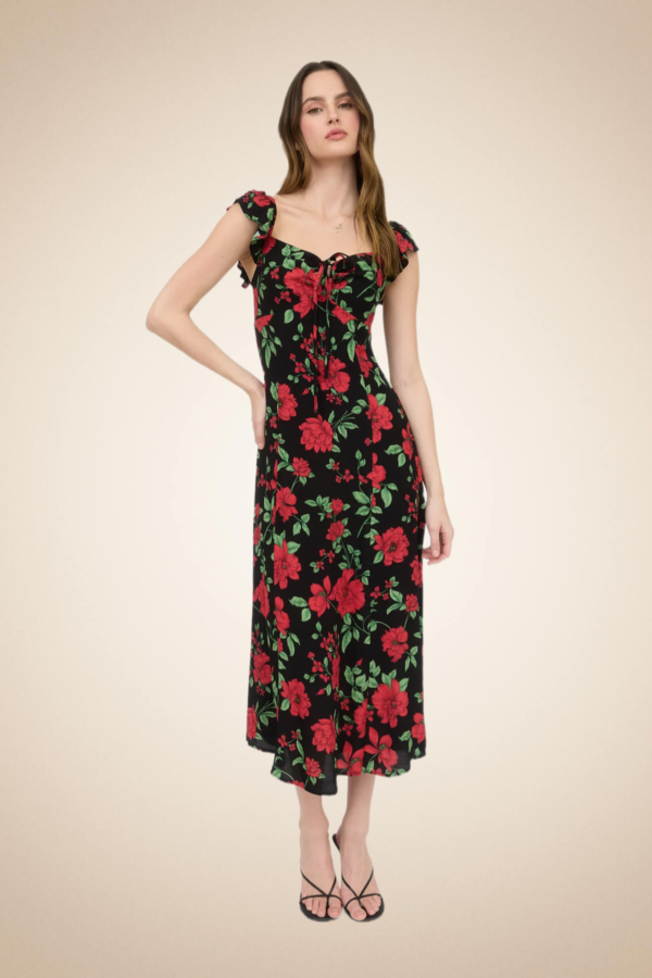 Romantic Red Floral Midi Dress with Ruffle Straps
