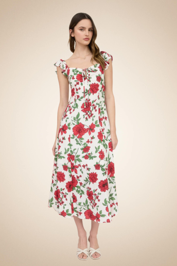 Romantic Red Floral Midi Dress with Ruffle Straps - Image 6
