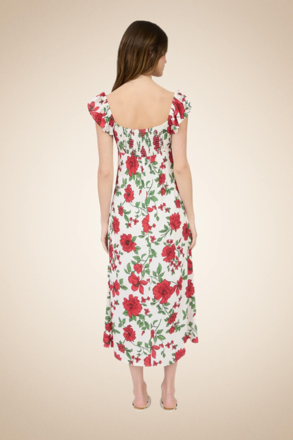 Romantic Red Floral Midi Dress with Ruffle Straps - Image 2