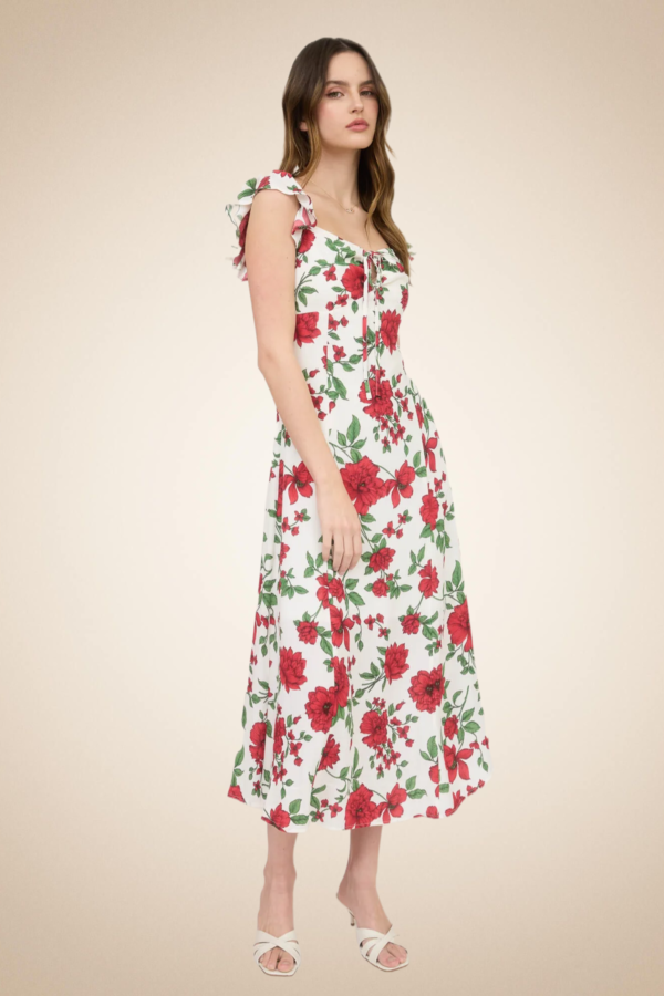 Romantic Red Floral Midi Dress with Ruffle Straps - Image 3