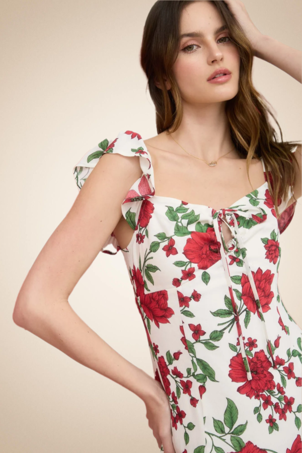 Romantic Red Floral Midi Dress with Ruffle Straps - Image 4