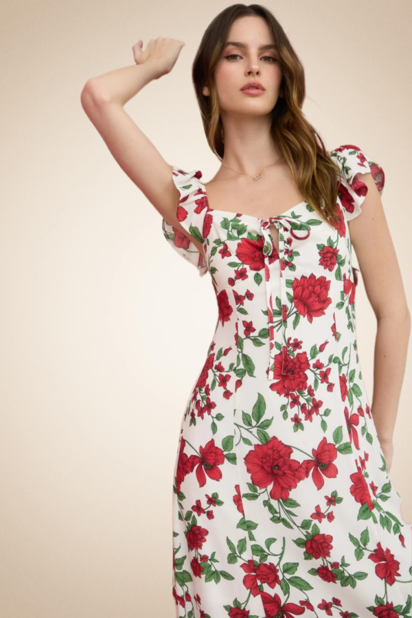 Romantic Red Floral Midi Dress with Ruffle Straps