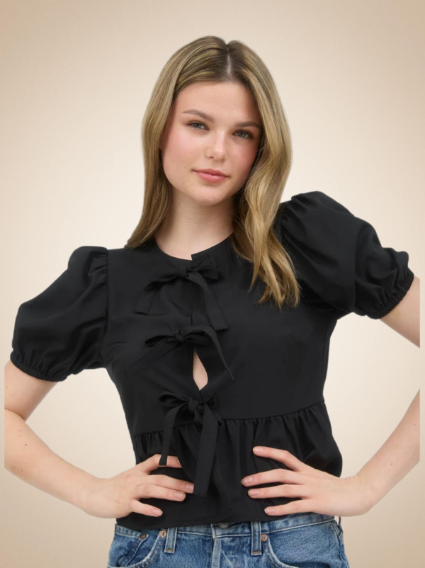 Black Blouse with Bow Details and Puff Sleeves