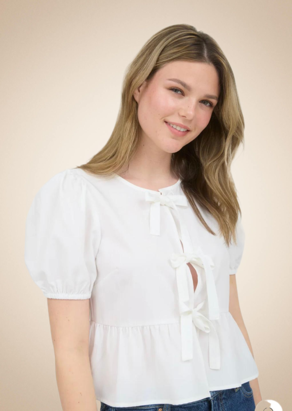 White Blouse with Bow Details and Puff Sleeves - Image 2