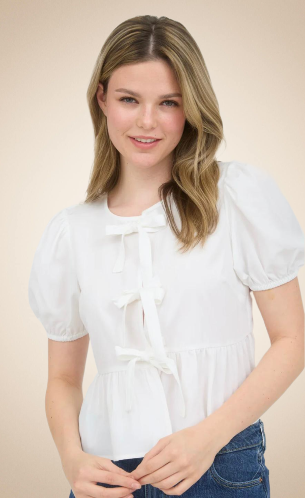 White Blouse with Bow Details and Puff Sleeves
