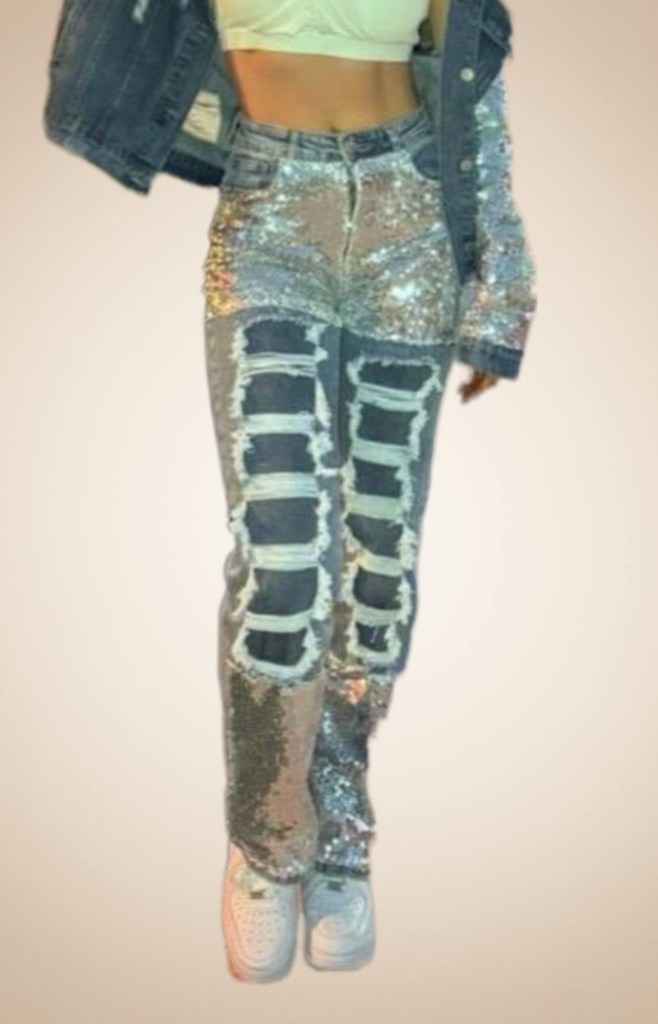 Ripped Jeans with Silver Sequins