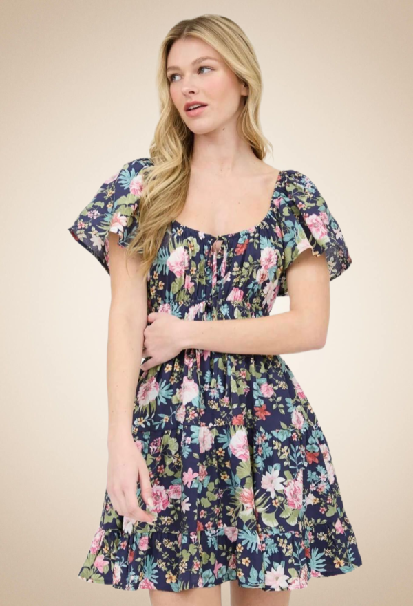 Floral Short Dress with Puff Sleeves