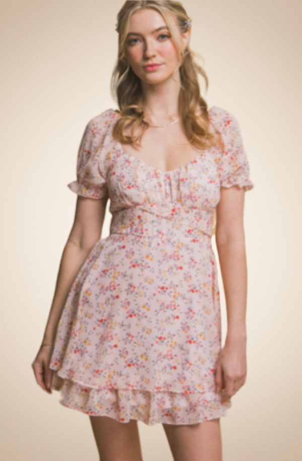Floral Short Dress with Short Sleeves