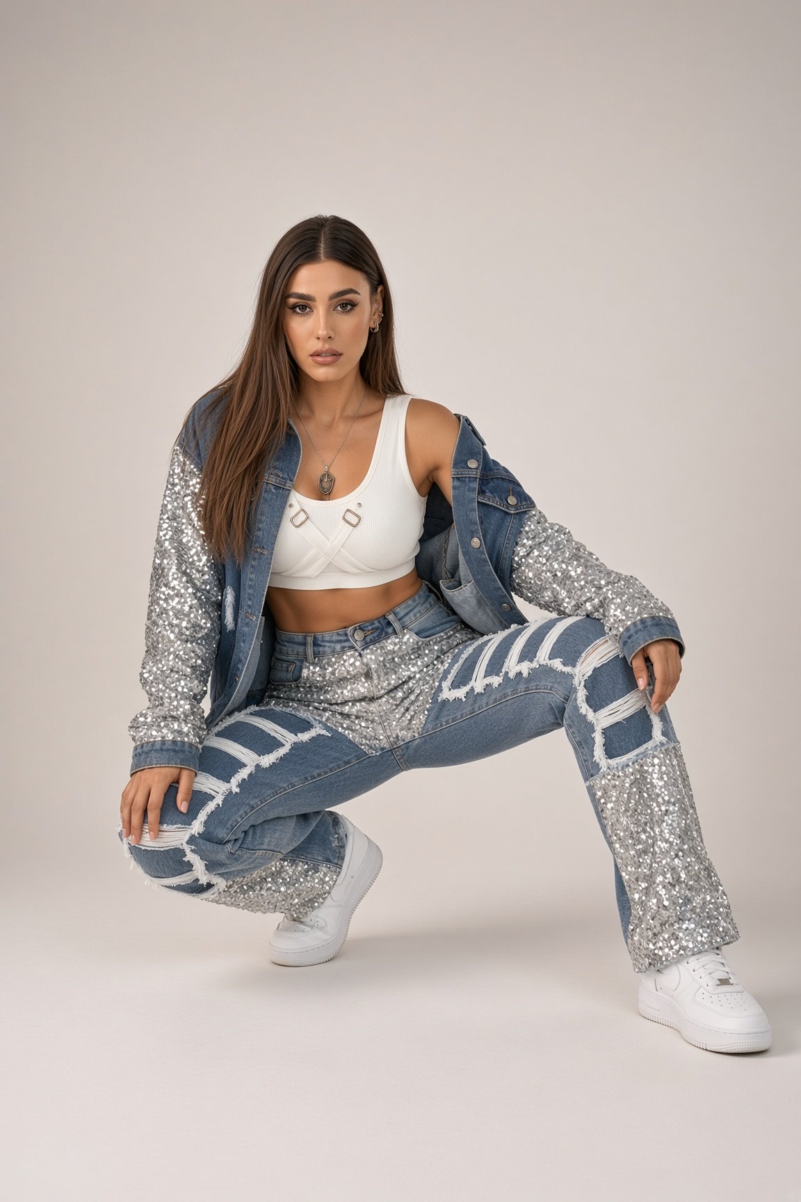 Ripped Jeans with Silver Sequins - Image 3