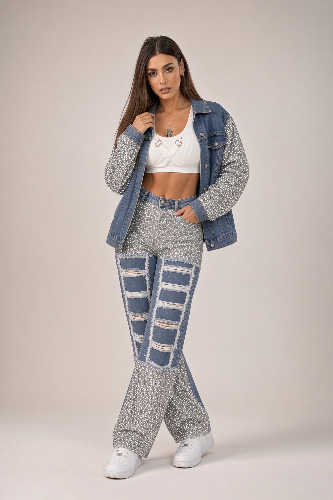 Ripped Jeans with Silver Sequins - Image 4