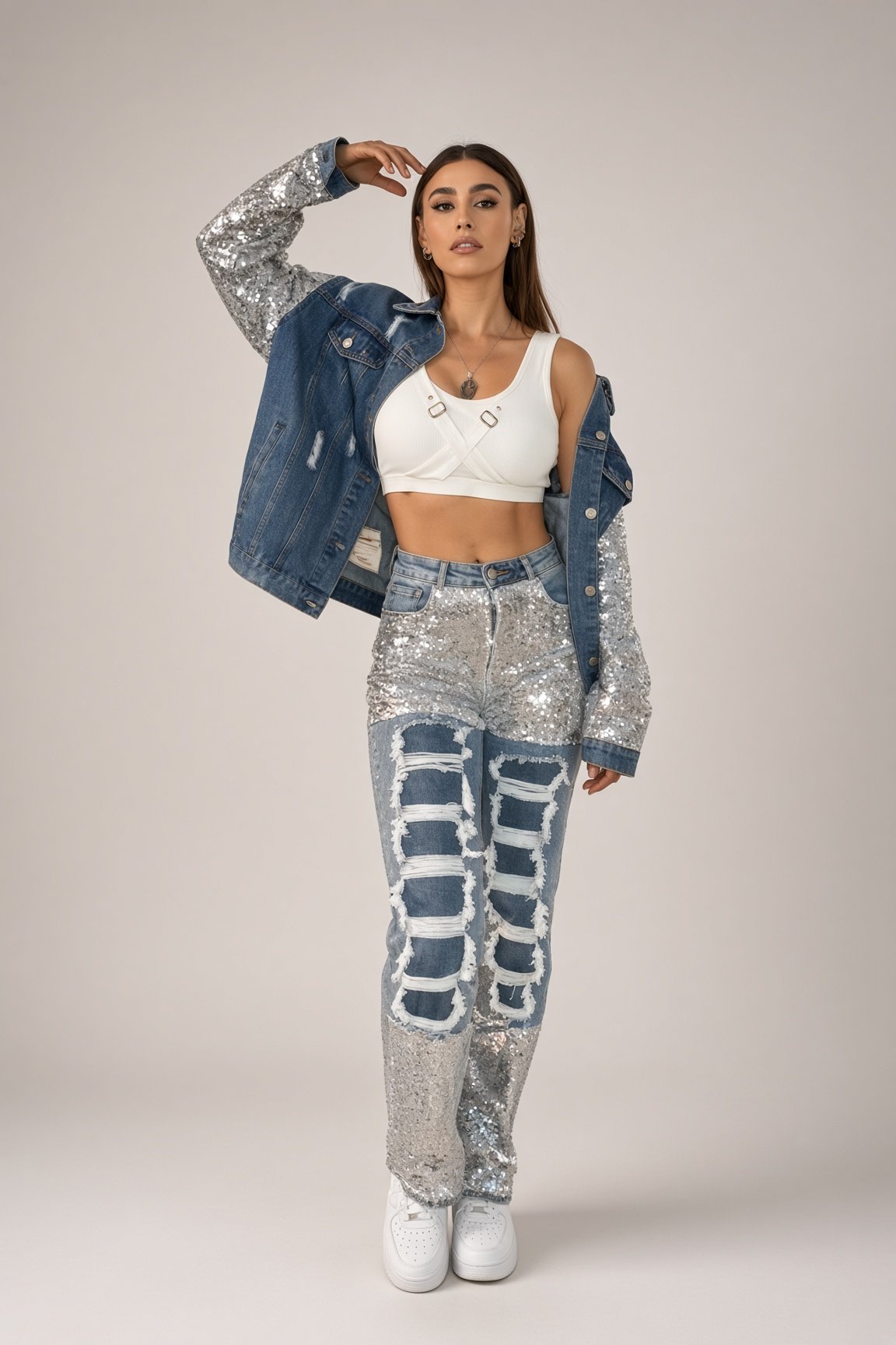 Ripped Jeans with Silver Sequins