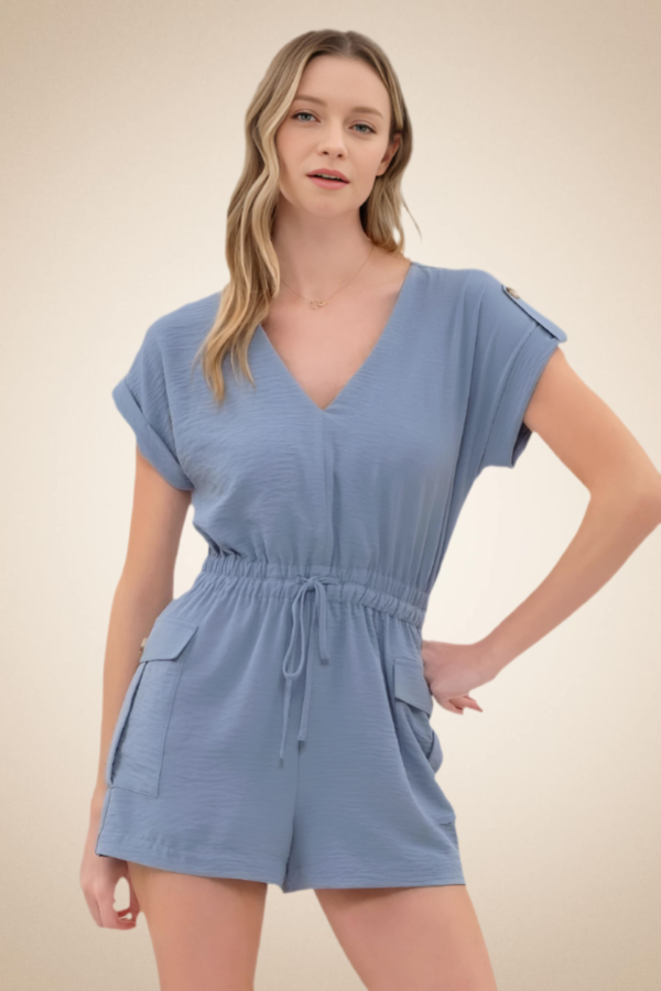 Short Sleeve Casual Romper with Adjustable Waist – Dusty Blue