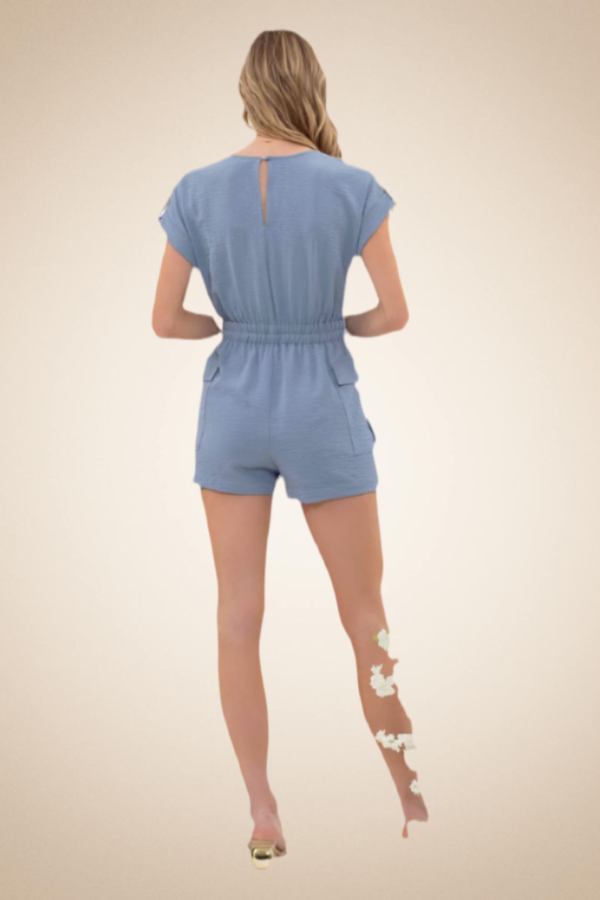 Short Sleeve Casual Romper with Adjustable Waist – Dusty Blue - Image 6