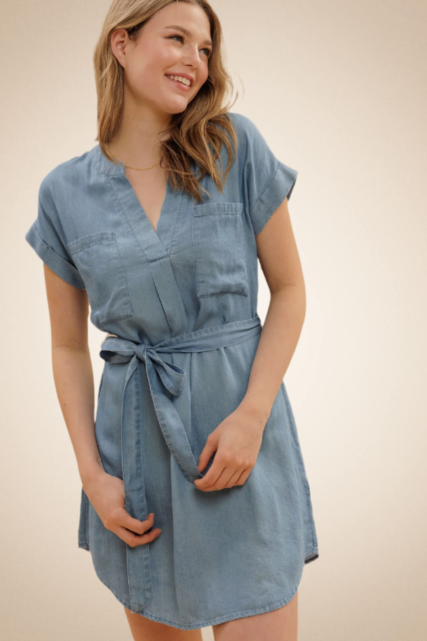 Short Sleeve Shirt Dress with Waist Tie – Chambray