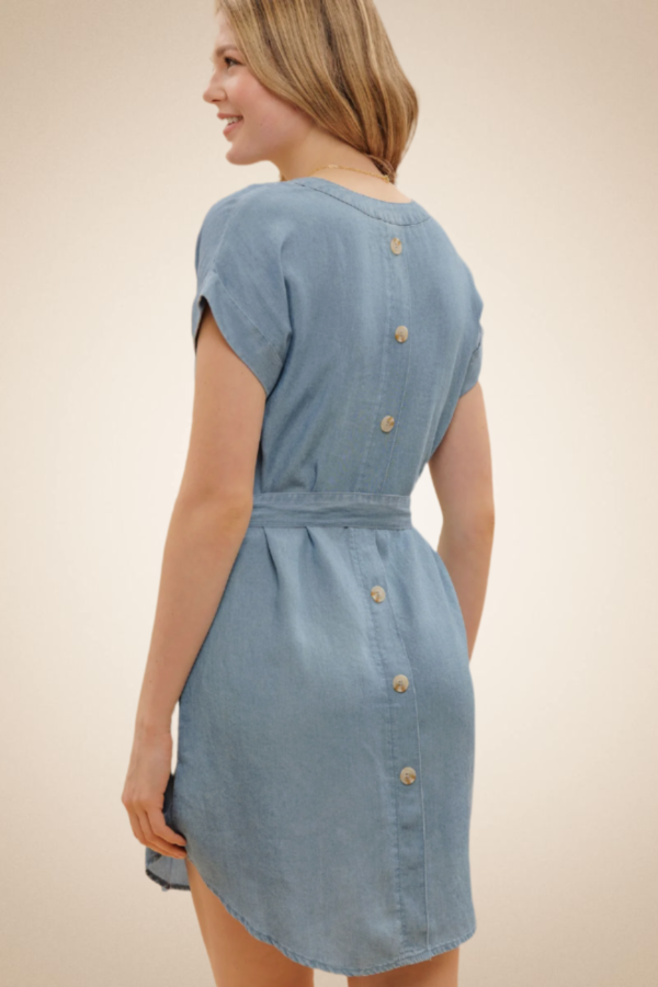 Short Sleeve Shirt Dress with Waist Tie – Chambray - Image 6