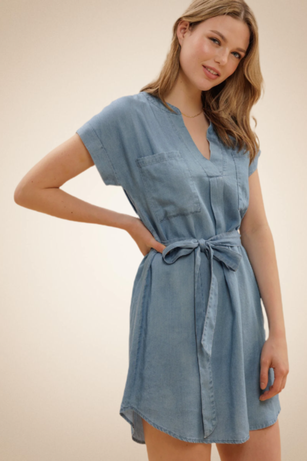 Short Sleeve Shirt Dress with Waist Tie – Chambray - Image 5