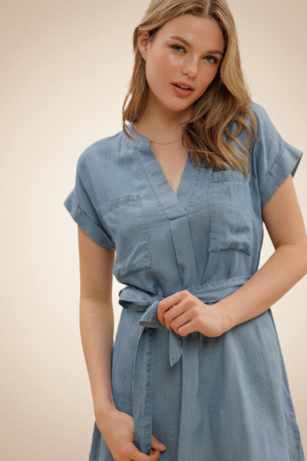 Short Sleeve Shirt Dress with Waist Tie – Chambray - Image 4