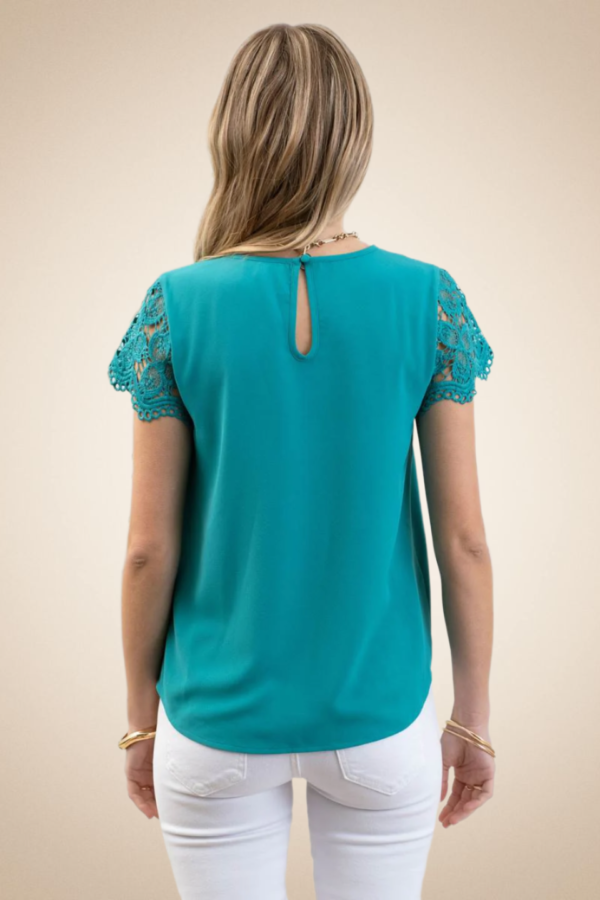 Lace Sleeve V-Neck Blouse – Light Teal - Image 3