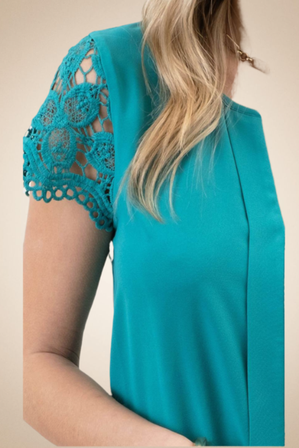Lace Sleeve V-Neck Blouse – Light Teal - Image 2