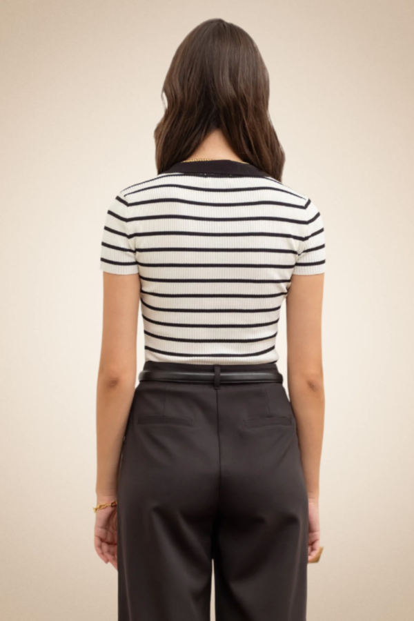 Striped Ribbed Knit Polo Top – Ivory & Black - Image 3