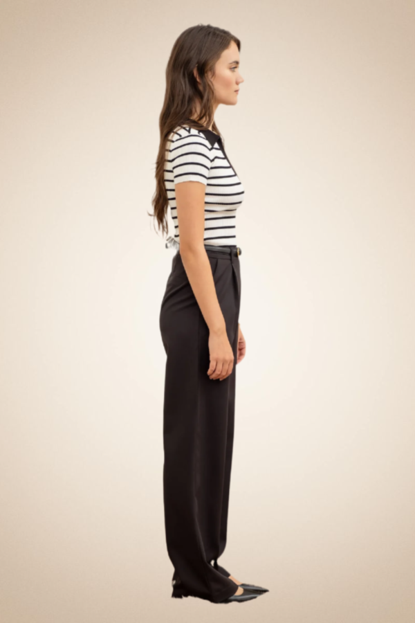 Striped Ribbed Knit Polo Top – Ivory & Black - Image 4