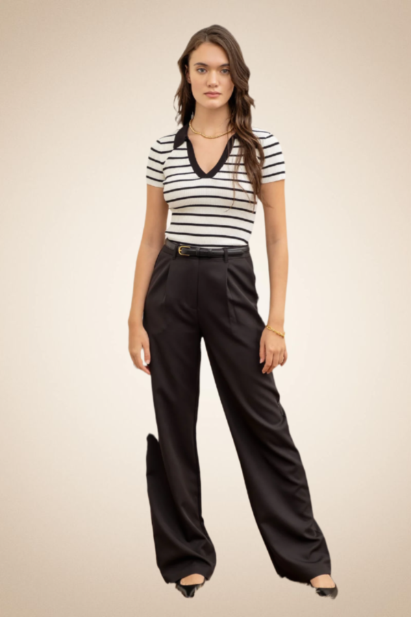 Striped Ribbed Knit Polo Top – Ivory & Black - Image 6