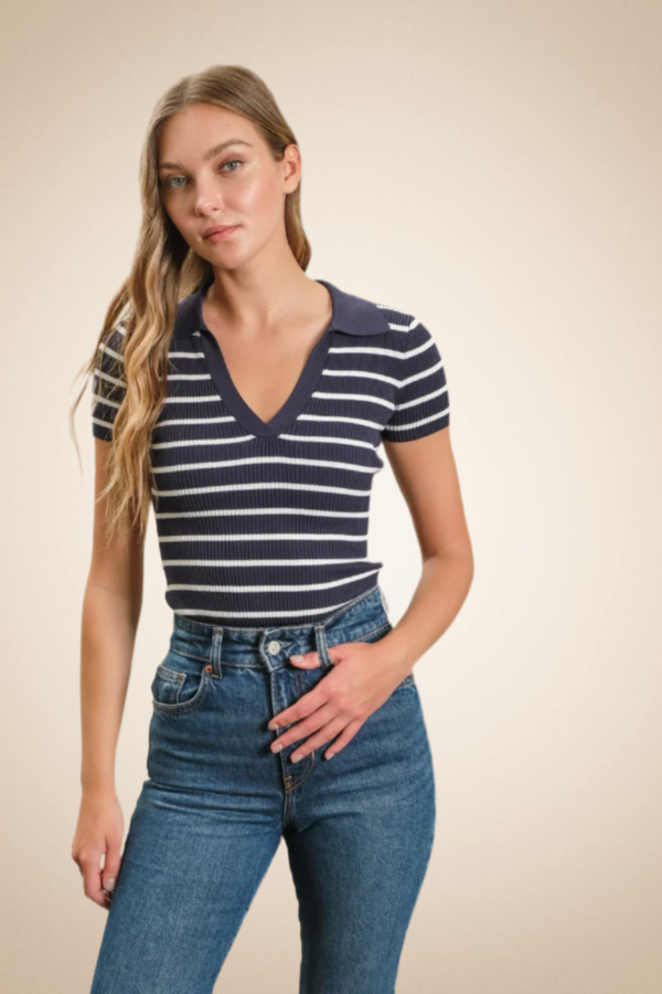 Striped Knit Polo Blouse – Ivory and Blue